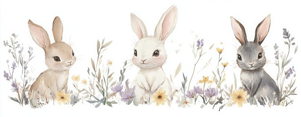 Three Bunnies in a Wildflower Meadow Watercolor Illustration