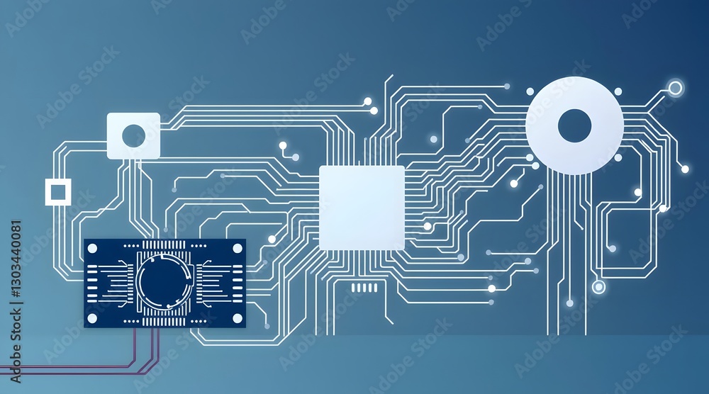 Poster abstract illustration of a circuit board featuring a microchip and intricate lines, showcasing moder
