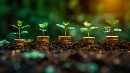 Growing investments concept with plants and stacked coins  
