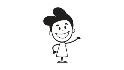 happy cartoon character smiling black simple outline shape, Smiling Stick Figure Character Waving in Black and White Illustration