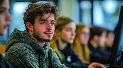 Fototapeta premium Students engaged in cybersecurity studies in a classroom reflecting the growing demand for IT security professionals