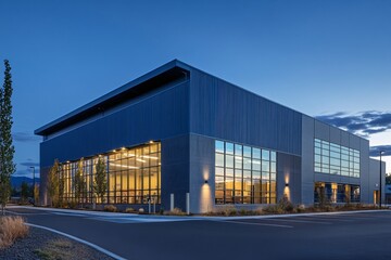Obraz premium Modern Industrial Building at Twilight: A sleek, contemporary industrial building stands majestically against the twilight sky, showcasing a design that blends functionality with aesthetic appeal.