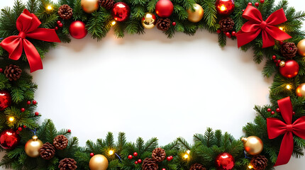 Beautiful Christmas Holiday Wreath Decor with Red Gold Ornaments Pine Cones Red Bows String Lights on White Background