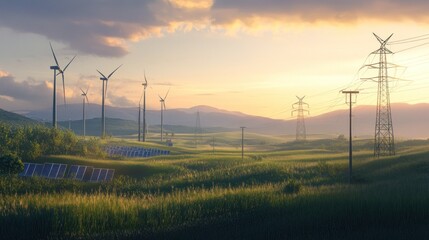 Fototapeta premium Sunrise over wind and solar farms