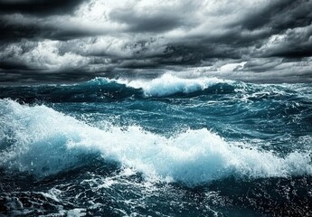 Fototapeta premium Dramatic Ocean Waves Under Dark Clouds with Turbulent Tides and Foamy Cresting Water Displaying Nature's Raw Power and Beauty in Monochrome Tones