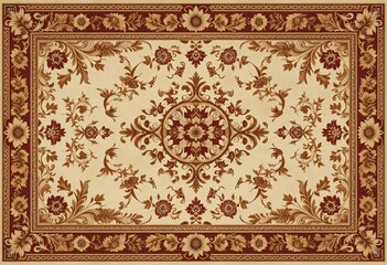 Elegant Floral Tapestry. Beige Canvas. Red And Gold Accents. Circular Motif. Symmetrical Radiance. Opulent Vines. Classical Style. Warmth Embodied. Intricate Border. Luxurious Feel. Interior Decor