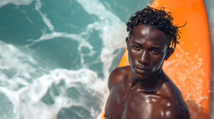 portrait of a young African-American male surfer, bright red surfboard, beach vacation by the ocean, sunny day