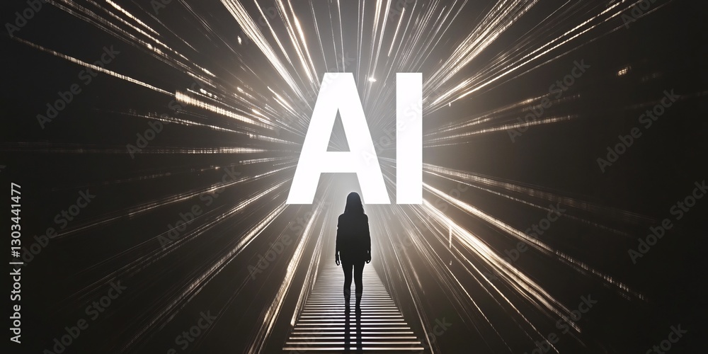 Poster ai and the path forward: a lone silhouette of a person stands before the glowing letters 