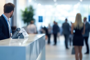 Corporate event registration with attendees checking in at reception desk in welcoming atmosphere