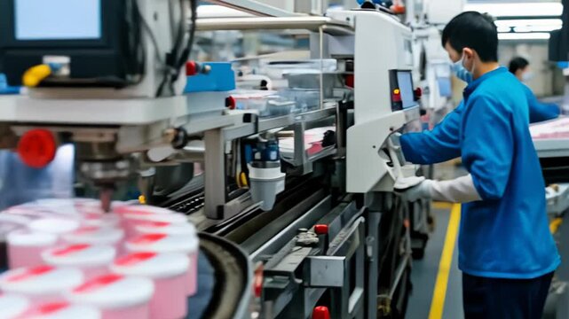 Production line in action at manufacturing facility showing automated packing process