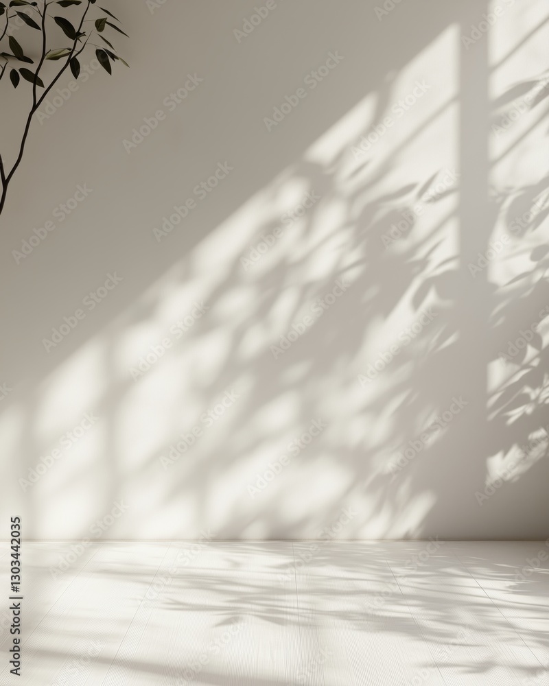 Poster perfect backdrop for minimalist product display with subtle leaf shadows on the floor in a modern se