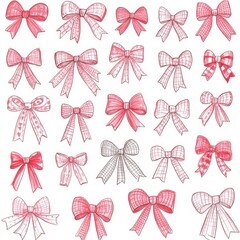 Collection of Hand-Drawn Red Bow Illustrations: Festive Holiday Decorative Elements, Gift Wrapping and Fashion Accessories