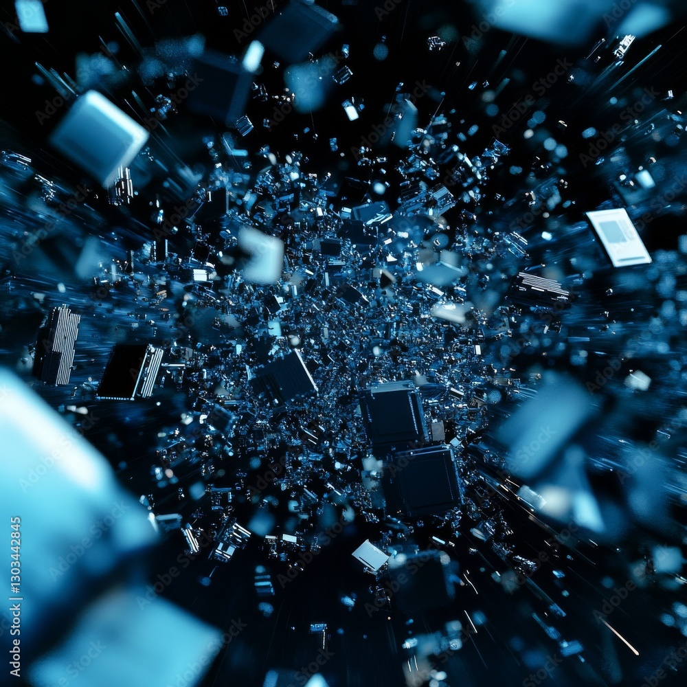 Poster data stream: abstract blue cubes in motion, a digital vortex of information and future technology
