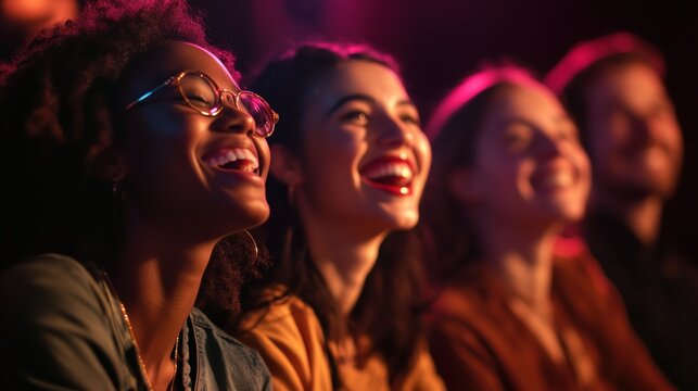 Laughter and joy fill the air as a diverse group enjoys a comedy show in vibrant lighting