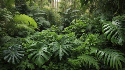 Vibrant Lush Green Tropical Plants Including Ferns, Showcasing Nature's Diversity