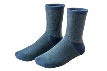 Cozy denim-hued socks resting on a wooden surface, inviting comfort and warmth for chilly days isolated on transparent background