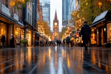 Obraz premium Dynamic urban street filled with shops and people during twilight creating a vibrant city lifestyle ambience