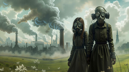 A couple of people wearing gas masks standing in front of a city