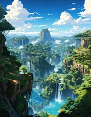 Fototapeta premium Breathtaking landscape with waterfalls and lush greenery in a serene natural setting.