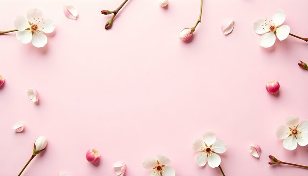 Una fotograf&iacute;a plana presenta un fondo rosa claro adornado con un patr&oacute;n de delicadas flores y capullos de cerezo