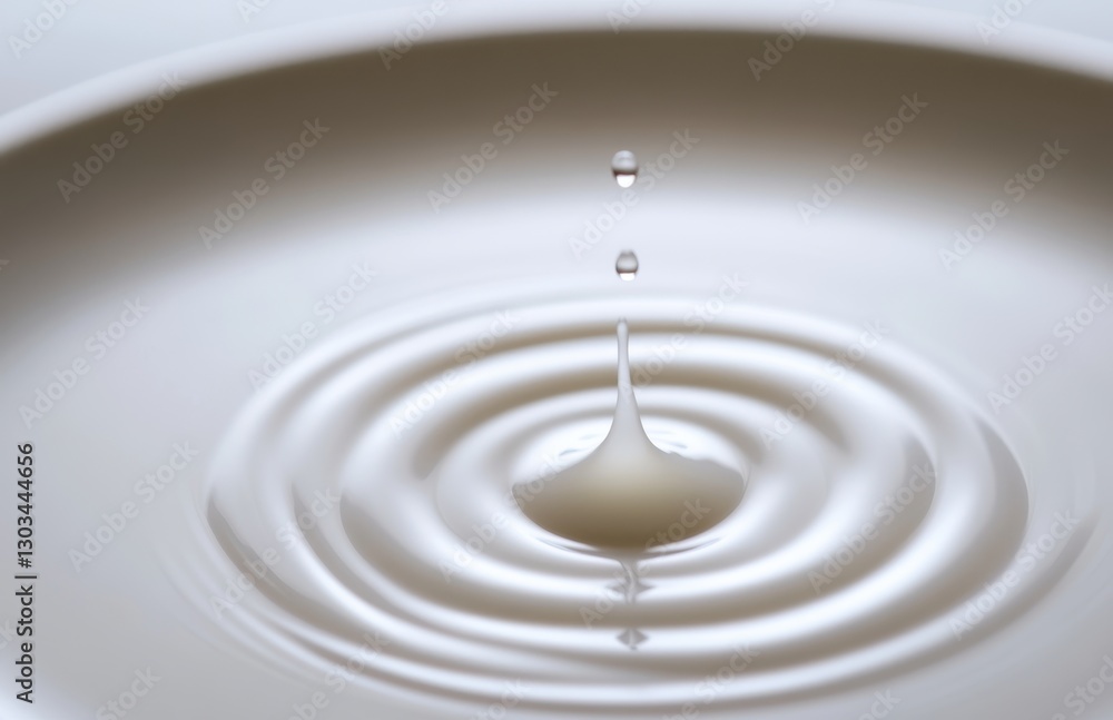 Poster droplet of water falling into a shallow pool creating ripples and wave patterns on a smooth white su