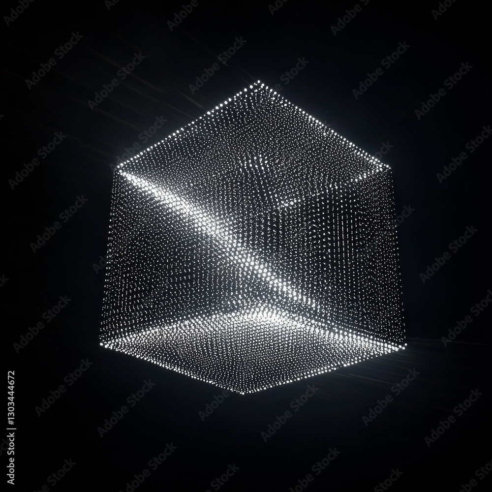 Aufkleber Luminous Cube: A mesmerizing abstract geometric structure of glowing dots, suspended in the void, with a diagonal band of brighter illumination.