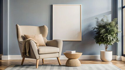  A beige wingback chair, a neutral-toned rug, and a modern plant pot create a calming atmosphere.Soft lighting and a blank frame add a touch of sophistication to the room.