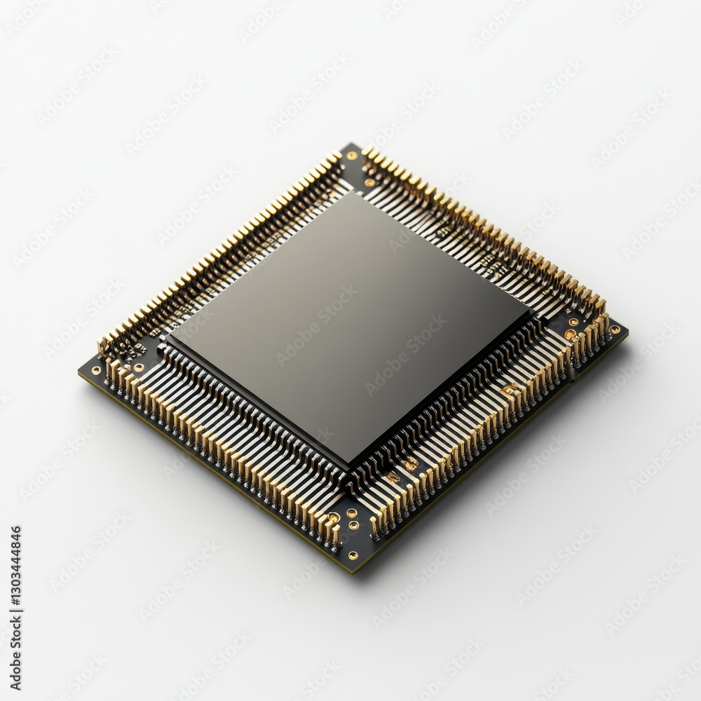 Aufkleber microchip close-up: a detailed view of a modern integrated circuit with golden pins on a white backg
