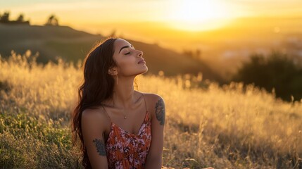 Obraz premium A woman relaxes and takes in some fresh air outdoors as the sun set.
