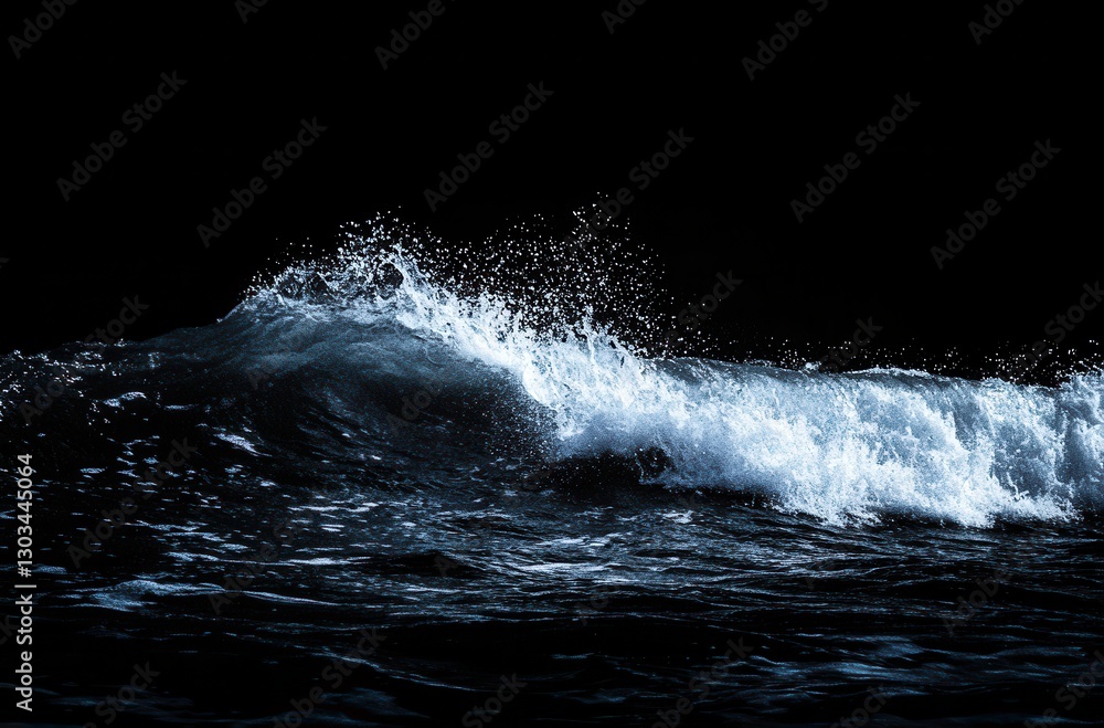 Poster dynamic ocean wave crashing with spray against dark background highlighting power and movement of na