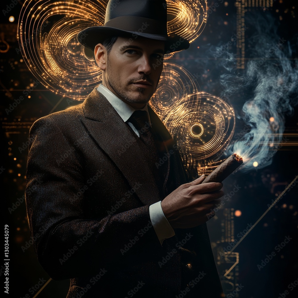 Aufkleber mysterious man with cigar and glowing circles: an intriguing portrait of elegance and intrigue