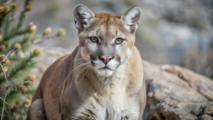Fototapeta premium A mountain lion, its gaze intense and focused, commands the frame.Close-up of a cougar, showcasing its powerful build and alert expression.