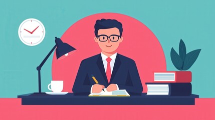 Professional Man Working at Desk with Clock and Books in Background