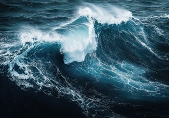 Dynamic Ocean Waves Crashing in Powerful Blue Tones Captured from Above with Foam and Movement Creating an Invigorating Seascape Experience