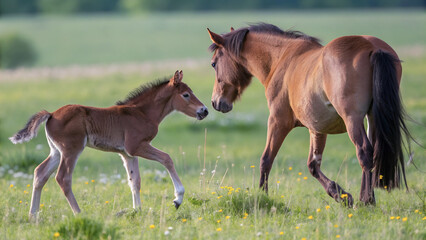 Fototapeta premium A young foal and its mother, interacting in a grassy meadow.A foal, full of energy, explores the field alongside its protective mother.
