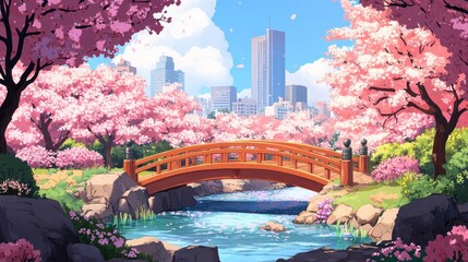 Spring Cherry Blossom Park Bridge Cityscape
