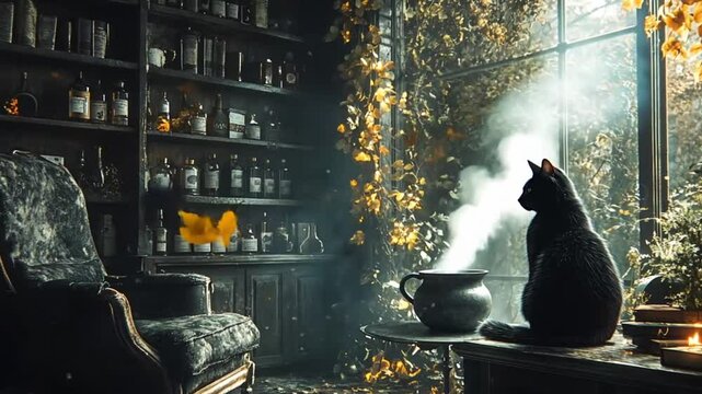 Dark moody room with cat, sunlight and potion jars.  Possible use  Stock photo for fantasy, occult or Halloween themes