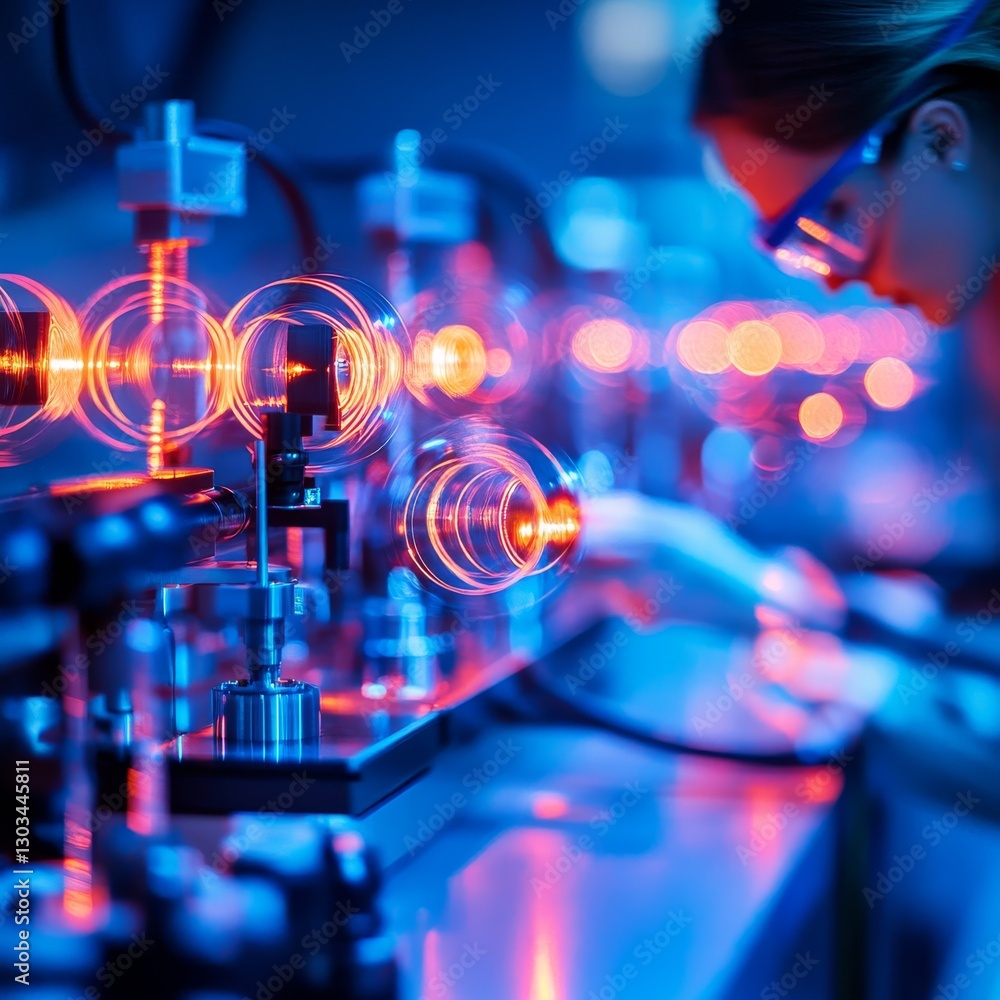 Poster scientist conducting experiment with advanced optical equipment in high-tech laboratory