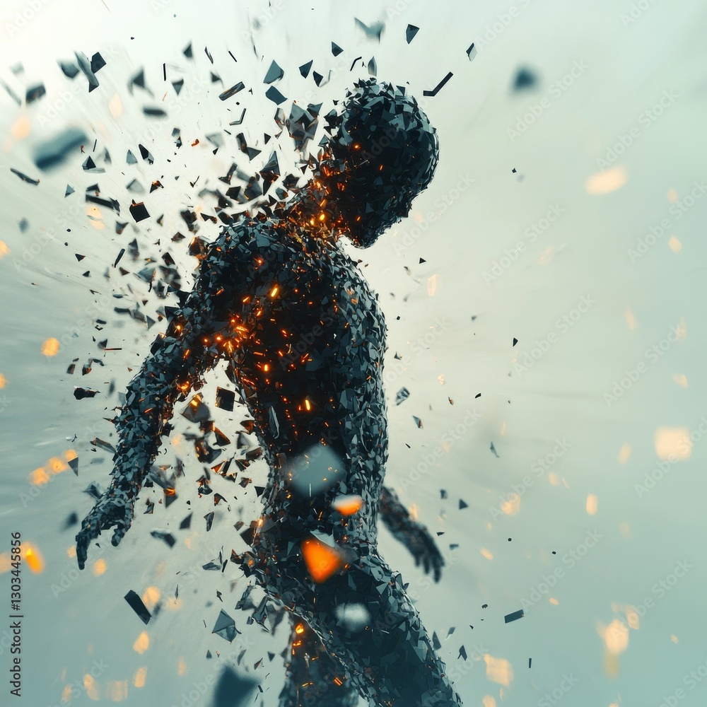 Poster Shattered Humanity: A Digital Rendering of a Person Dissolving into Fragments with Hints of Inner Fire and Light