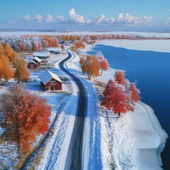 Scenic Winterscape: A Road Leading Through Snowy Landscapes, Alongside a Frozen Lake, Past Cozy Cabins and Autumnal Trees.