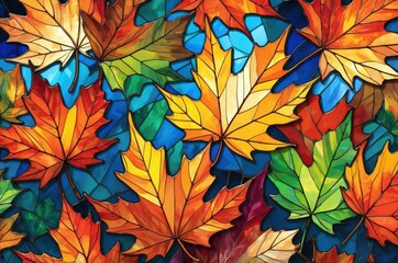 Fototapeta premium Colorful autumn leaves arranged artistically against a vivid blue background providing an aesthetic appeal