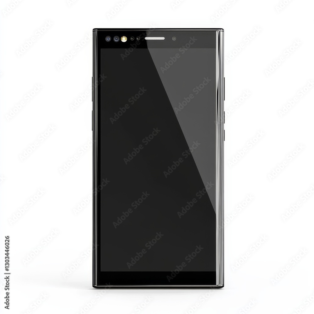 Poster Sleek Black Smartphone: Modern Design with Edge-to-Edge Display and Integrated Camera Array on a White Background