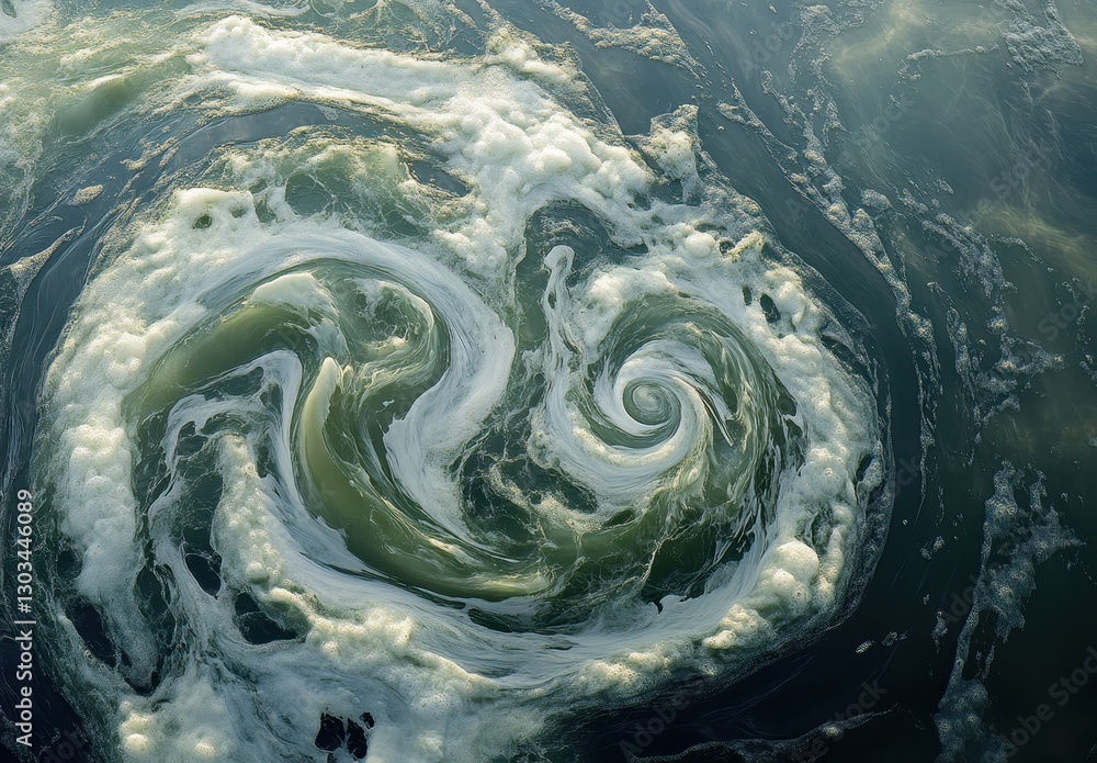 Poster dynamic swirling patterns of green and white foam forming in ocean waters under natural light condit