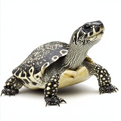 Obraz premium Striking Portrait of a Spotted Turtle against a Crisp White Background, Highlighting Its Unique Shell Pattern and Textured Skin