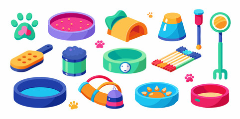 Set of different pet accessories 3d icons. Colorful isometric icons. Vector illustration.