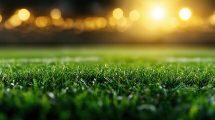 Naklejka premium Football field with vibrant green turf and bright lights creates an energetic atmosphere for game day excitement