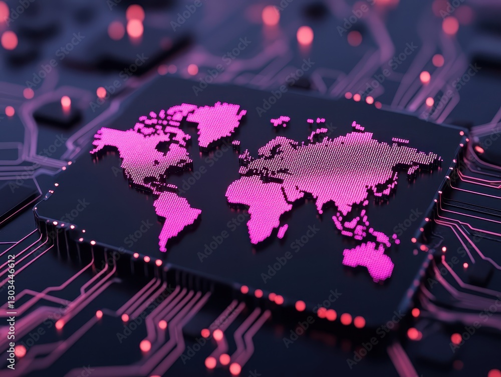Poster abstract representation of a world map on a circuit board with pink lights