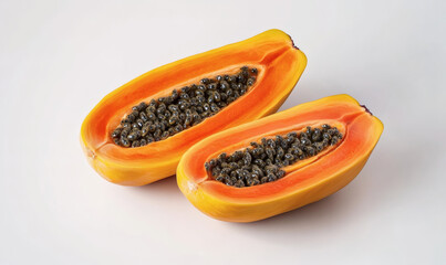 Two Halves Of Ripe Papaya Fruit Against White Background