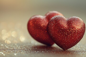Fototapeta premium Glittering red heart decorations on a stylish Valentine's Day card