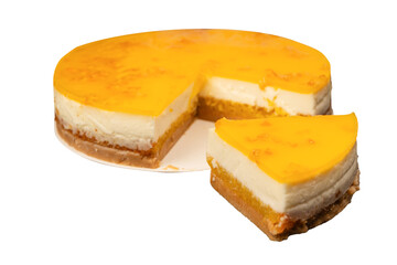 Orange cheesecake isolated on a white background.